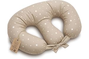 TOTSY BABY Cojín lactancia gemelar Nursing Breastfeeding - 90x50 cm - Almohada de lactancia para bebé multifuncional para gemelos Chest pillow Pecho posicionamiento Oeko-Tex Beige con estrellas blancas