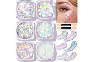 Teenitor Face Glitter Body Glitter, Clear White Body Glitter Gel, Hair Glitter Gel, 6 Shapes Rave Glitter, Mermaid Sequins Makeup Glitters Face Paint, Chunky Sparkling Glitter Gel for Women