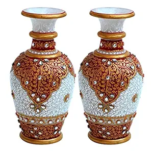 Handicrafts Paradise Marble Pair of Flower Vase with Kuppi Work 6 Inch