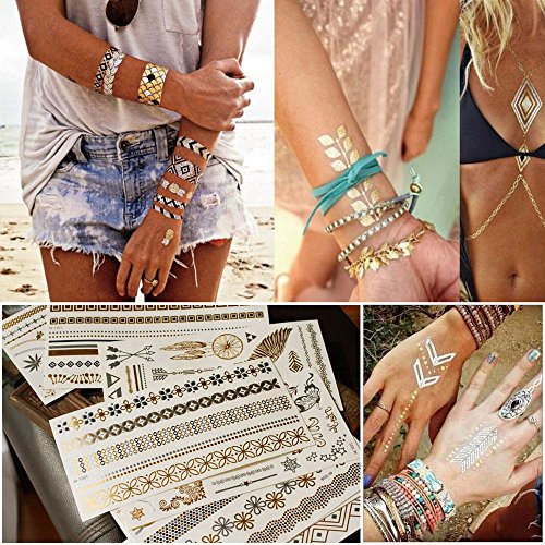 Lot de 8 feuilles de tatouages temporaires effet métallisé Doré et Argenté, étanches et résistant à la transpiration, idéal pour l'été, festivals, plage et mariage