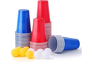 Herefun 50 Beer Pong Tasses, 16oz 473ml Beer Pong Set, Bière Party Pong Cups, Jeux à Boire Beer Pong Gobelets pour Fête de Amusants et Jeu (Tasses Rouges 25 + Tasses Bleues 25 + 6 balles)