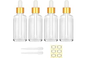 Apstaqeoo 4PCS 50ML Clear Glass Dropper Bottles - Empty Bottle with Dropper Pipette Refillable Sample Bottles Tincture Drop Bottle Gold Cap for Essential Oil Aromatherapy Perfume Laboratory