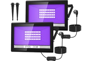 NATPOW Lumière Noire LED 30W, 400nm Lumiere Noir Soiree Fluo, IP66 Etanche Lampe UV avec Prise et Piquets au Sol, Projecteur LED UV pour Body Painting, Aquarium, Bar, Fête, Halloween (2 pièces)