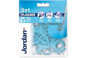 Jordan 7038516858108 Nić Dentystyczna z Uchwytem i Przyrządem do Czyszczenia Języka, Niebieski/Biały, 36 Sztuk