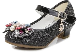 BININBOX Girls High Heels Glitter Sequins Children's Bow Princess Low-Top Student Performance Shoes