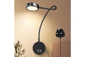 Bonlux Flexible Gooseneck LED Wall Reading Light, 5W Wall Mounted Bedside Reading Lamp Warm White 3000K with Plug & Switch for Bedroom, Office, Workbench, Studio, Hotel