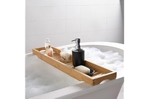 OHS Bath Shelf Over Bath, Home Spa Bath Caddy Bamboo Bath Tray Wooden Bath Table Organiser Candles Wine Glass Books Slatted Shelf Over for Accessories, Natural