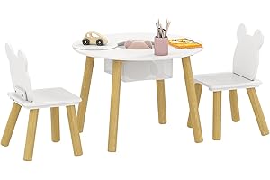 AIYAPLAY Table Enfant avec Chaise, Ensemble de Table et 2 chaises pour Enfants, Dossier en Forme d'ours pour Jouer, étudier, Bricolage, 3-6 Ans, Blanc