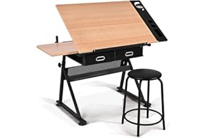 GIANTEX Tavolo da Disegno con Sgabello, Tavolo Architettonico Regolabile in Altezza e Inclinabile, Scrivania Tavolo da Lavoro con Cassetti e Doppie Superfici di Lavoro per Caratteri (Naturale)