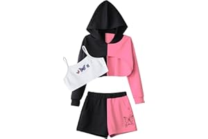 Manyakai Kids Girls 3Pcs Street Dance Outfit Athletic Tracksuit Crop Top Sweatshirt with Booty Shorts Set