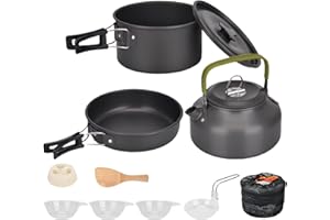 COZYWIND Set de Ollas Camping 2-3 Personas Kit de Utensilios de Cocina de Camping Aluminio Ollas y Sartenes para Acampar 10 PCS Cocina Portátil para Camping Senderismo Acampada al Aire Libre (Negro)