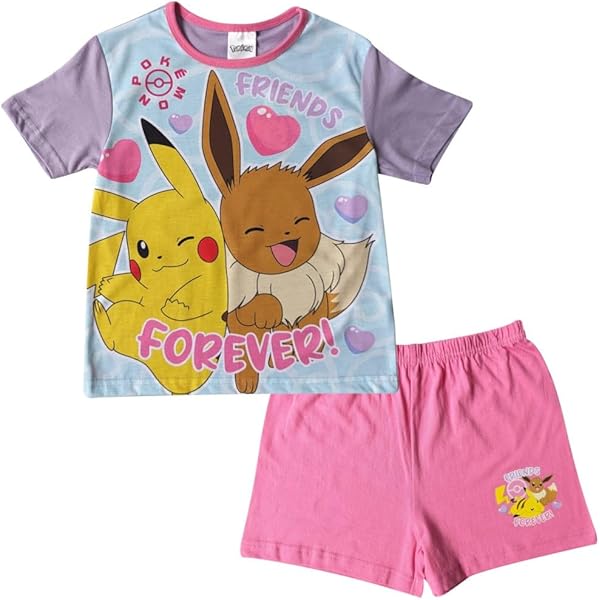 Pigiamino Corto Pokémon Pikachu & Eevee Per Bambine - Set Estate In Cotone 100% Con Maniche A Balze - Foto 2