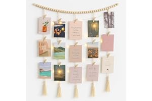 VELLICHOR EUROPE Boho Macrame Photo Display with Fairy Lights – Hanging Wall Decor with 30 Wooden Clips for Polaroids, Prints, Postcards, USB String Lights Picture Collage Holder for Bedroom, Living Room, Kitchen