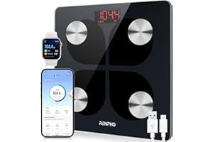 Pèse Personne Impédancemètre Rechargeable USB, RENPHO Balance Connectée Bluetooth Numérique Analyseur de Composition Corporelle avec Smartphone App, 13 Données (IMC/Taux de Graisse), Elis 1