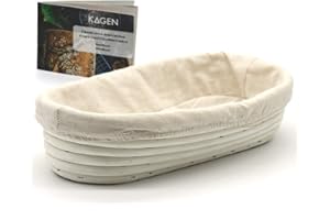 KAGEN Gourmeo Oval Bread Proofing Basket - 30cm (11 3/4 inch) Banneton for Bread Baking for Proving 500-700g Dough - Rattan Proving Basket with Linen Liner - Includes Recipe Booklet