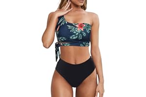 Wantonfy Damski zestaw bikini z wysokim stanem, dwuczęściowy kostium kąpielowy, na jedno ramię, moda kąpielowa