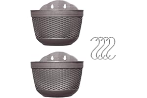 BULZEU Set of 2 Pcs Hanging Planters Outdoor Hanging Basket Plastic Flower Pot Plants Holder Hanger for Balcony Fence Wall Mounted Planters with Drainage and 4 Hooks (coffee+coffee)
