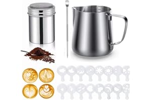 Vyanveo 350ml Pichet Lait Inox, Pot a Lait Inox, Pichet a Lait, Pichet Inox avec Mesure Mark + Aiguille à Latte Art + Distributeur de Poudre + Pochoirs Motifs pour Faire Mousse le Lait, des Capuccinos