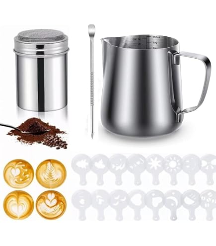 Pichet à Lait 350ml Inox Avec Saupoudreur Cacao Et Kit Latte Art - Accessoire Barista Complet