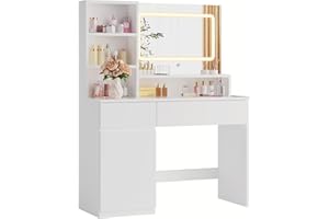 Airfish Schminktisch mit LED-Beleuchtung, 3 Farben Einstellbarer Helligkeitund, Frisiertisch mit Spiegel, 2 Schubladen, 4 Fächer & Schrank, für Schlafzimmer, Weiß