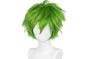 Gairyan Green Wig Short Green Wigs Unisex Anime Cosplay Wig for Women/Men Wigs Straight Curly Fluffy Wig Fancy Dress Wigs Halloween Costume Wig with Free Cap