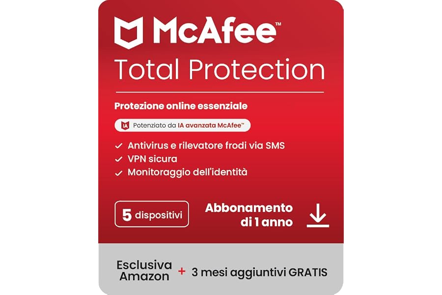 McAfee Total Protection 5 dispositivi 2025 15 mesi VPN sicura, software di sicurezza che include antivirus, gestore delle pas