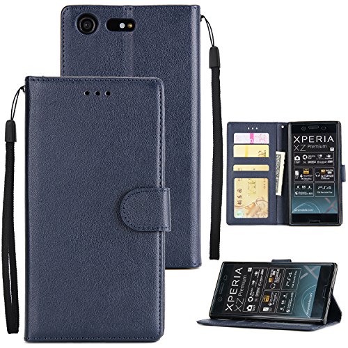 JHTC Xperia XZ Premium Case, Premium PU Leather Wallet Case,Slim Flip Folio Protective Phone Cover For Sony Xperia XZ Premium (Blue)