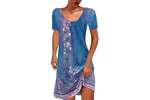 Damen Sommer A Linie Kleid Kurz Elegant Shirtkleid Knielang Minikleid Baumwolle Leicht Sommerkleid Vintage Kurzarm Blusenkleid Blumen Boho Kleider Bequem Tunika Strandkleid Freizeitkleid