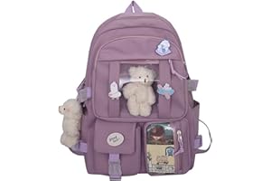 Jywmsc Kawaii plecak szkolny dla dziewcząt i kobiet śliczny estetyczny plecak z broszką i akcesoriami (biały)