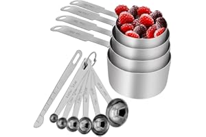 Troodon Zestaw kubków z miarką i łyżkami, wytrzymała stal nierdzewna, zestaw 12 sztuk, grawerowane wymiary – do płynnych i suchych składników