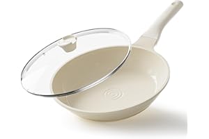 Redchef Patelnia 28 cm z pokrywką, powłoka ceramiczna 28 cm, nadaje się do płyt indukcyjnych, trwała powłoka nieprzywierająca, nie zawiera PTFE, bez PFOA, bez PFAS (beżowa)