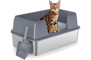 Vivifying Stainless Steel Cat Litter Tray, Easy to Clean and Odour-Resistant XL Stainless Steel Cat Litter Box with Scoop for Cats up to 8.2kg (Grey)