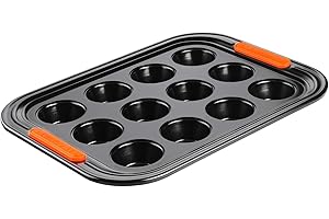 Le Creuset Stampo Antiaderente per Muffin, per 12 Porzioni, Diameter 7 cm, Resistente alle Sostanze Acide, Finitura in Acciaio al Carbonio, Antracite,Arancio, 94100140000000