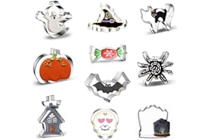 FYVADIO Halloween Moldes Para Galletas Grande- Sombrero de Bruja, Calabaza, Fantasma, Murciélago, Lápida y gato Cortador Acero Inoxidable