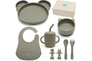 Baby Weaning Set by Little Tots® | Silicone Suction Plate, Suction Bowl, Bib, Sippy Cup + Straw, Toddler Spoon + Fork, Weaning Fork + Spoon | 8 Piece Feeding Set for Baby Led Weaning (Sage Green)