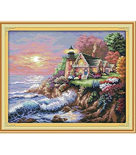 AMBATTERY Kit Ricamo A Punto Croce 11CT – Petali Blu Acquerello 30x40 Cm – Completo Per Principianti