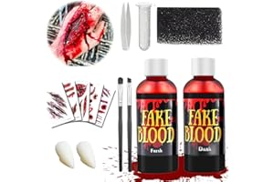 YI'ANTAI Halloween Kit de Sangre Falsa, Sangre Falsa Maquillaje, Sangre Artificial Realista, 60ml Sangre Falsa Fresca, 60ml Fake Blood Oscura, Dientes de Zombi, Brocha de Maquillaje y Esponja