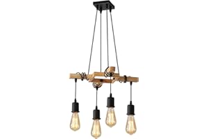 Toolight Suspension Luminaire Industriel, 4 têtes Plafonnier lustre en Bois et Metal E27, Lustre Réglable Vintage Noir pour Salon Cuisine Chambre à Coucher max 60W (Ampoule non Incluse)