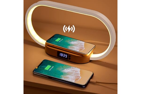 Wanjiaone Lampe de Chevet Chargeur sans Fil 15W, Lampe Chevet Bois avec Horloge et Port USB, Lampe de Table Tactile Dimmable avec 3 Modes de Couleur pour Lecture Chambre Bureau, Bois&Blanc
