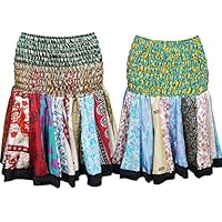 Mogul Interior 2 Pc Women Mini Skirt High Waist Silk Sari Boho Skater Colorful Short Skirts S/M