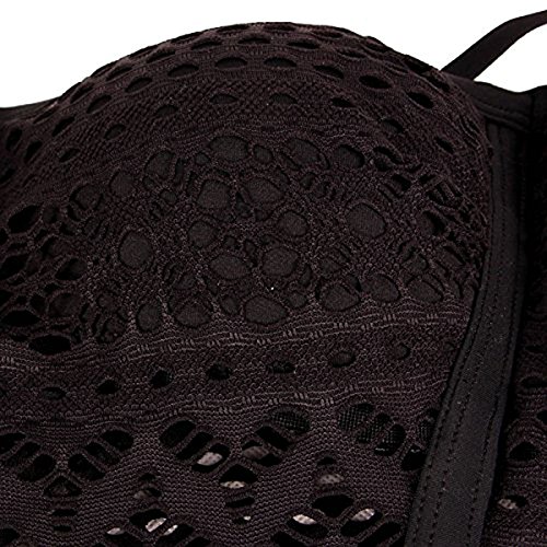 Hooch Tech Damen Badeanzug Badekleid Tankini Schwimmanzug mit abnehmbaren Schulterriemen Einteiler Push Up Schwarz Spitzen Badanzüge - 5