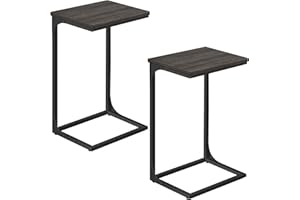 VASAGLE C-Shaped Side Table, Set of 2, Bedside Table, Sofa Side Table, with Metal Frame, Industrial, for Living Room, Bedroom, Grey Oak and Ink Black LET355B42