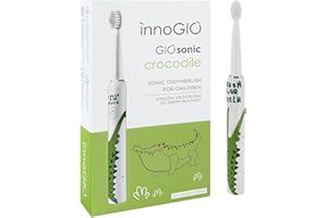 innoGIO Cepillo de Dientes Eléctrico Infantil GIOsonic Crocodile - Recargable USB Inlcuido, Mango Silicona, 3 Modos, Temporizador 2 min, Apto Niños entre 3 y 12 años, Verde (4 Cabezales Incluidos)
