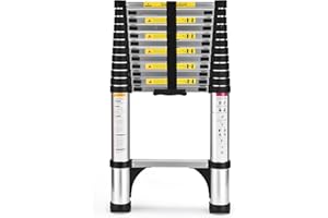 HBTower Scala telescopica da 3,8 metri con piedini antiscivolo, leggera scala pieghevole in alluminio per soppalchi, camper, esterni ed interni, capacità di 150 kg.Argentato