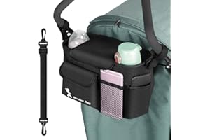 EUIEUT Sac de Rangement Poussette Bébé avec Bandoulière Détachable, Accessoires Poussette Pratiques Imperméables, Organisateur de Poussette Tissu Oxford pour Biberons, Couches, Mouchoirs, Clés (Noir)