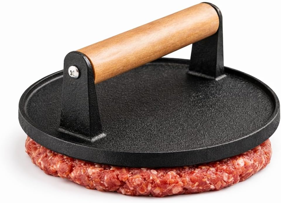 Cast Iron Burger Press Set, Round and Rectangular Grill Press with Wooden Handle, Circle