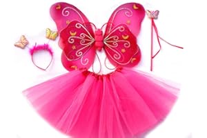 Tante Tina - 4-pièces Déguisement de fée Papillon - Ailes, Baguette, Serre-tête et Jupe - Fuchsia avec Serre-tête