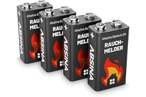 ABSINA 4x Batteria 9v per rivelatore di fumo alcaline - Pile 9 volt longevoli - Pile 9V per rivelatori d'incendio, movimento, monossido di carbonio, allarmi di avvertimento e antifumo - Pila 9V