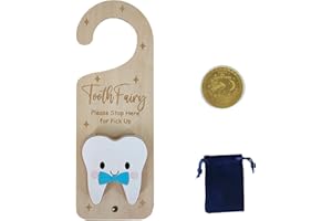 PAMBO Tooth Fairy Door Hanger, Wooden Holder with Tooth Coins for Kids - Blue