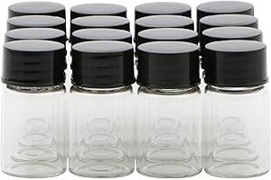 Unxuey Mini frascos de vidrio transparentes de 7 ml con tapa de rosca negra, frascos de viaje transparentes para pruebas de laboratorio, paquete de 16